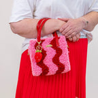 Woven Tote Bag Kit in Pink and Red for a Beginner Weaving Project, Finished with a Strawberry Keychain