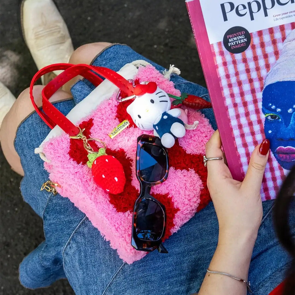 Woven Tote Bag Kit in Pink and Red for a Beginner Weaving Project, Finished with a Strawberry Keychain