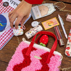 Woven Tote Bag Kit in Pink and Red for a Beginner Weaving Project, Finished with a Strawberry Keychain