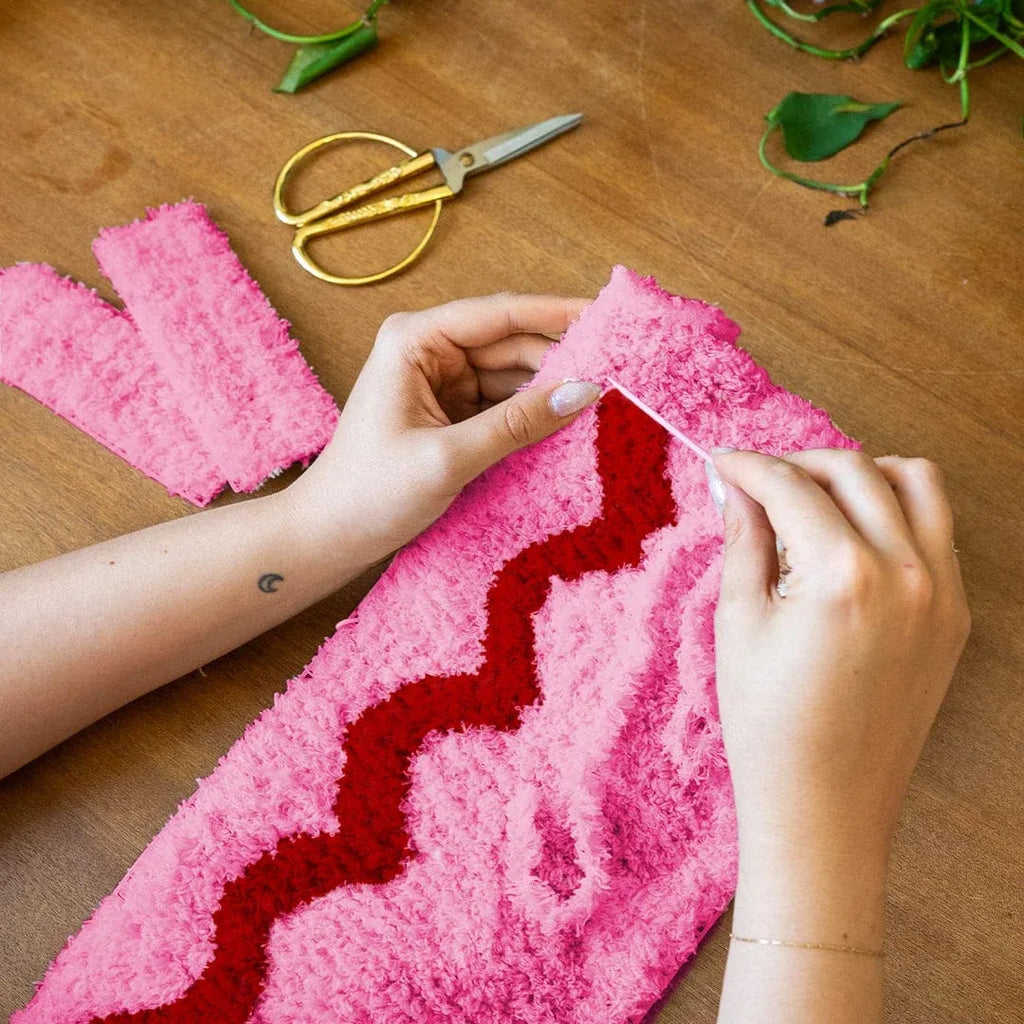 Woven Tote Bag Kit in Pink and Red for a Beginner Weaving Project, Finished with a Strawberry Keychain