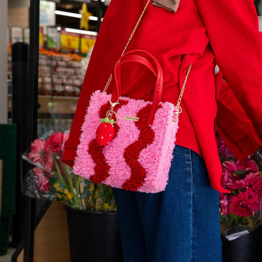 Woven Tote Bag Kit in Pink and Red for a Beginner Weaving Project, Finished with a Strawberry Keychain