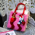 Woven Tote Bag Kit in Pink and Red for a Beginner Weaving Project, Finished with a Strawberry Keychain