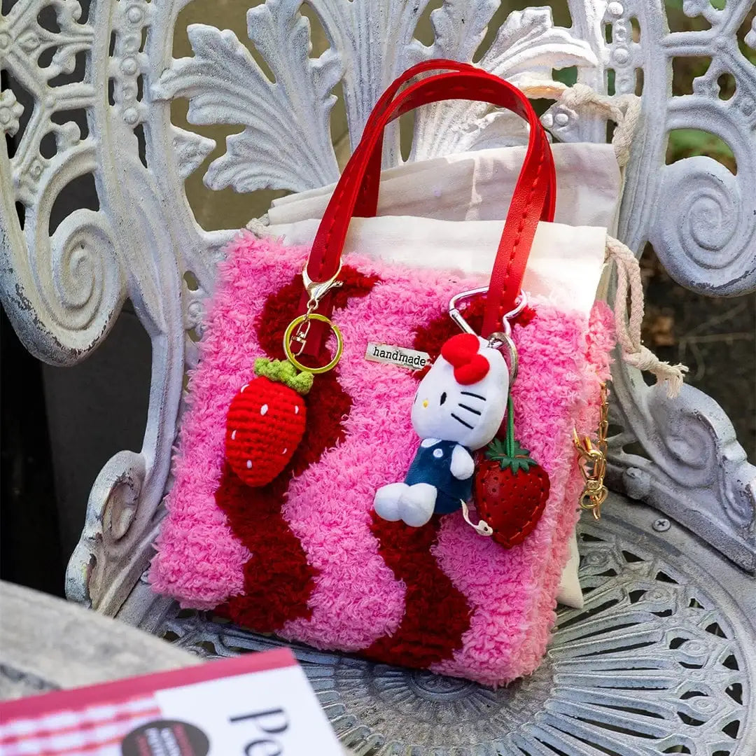 Woven Tote Bag Kit in Pink and Red for a Beginner Weaving Project, Finished with a Strawberry Keychain