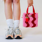 Woven Tote Bag Kit in Pink and Red for a Beginner Weaving Project, Finished with a Strawberry Keychain