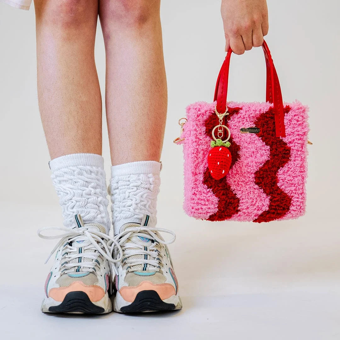 Woven Tote Bag Kit in Pink and Red for a Beginner Weaving Project, Finished with a Strawberry Keychain