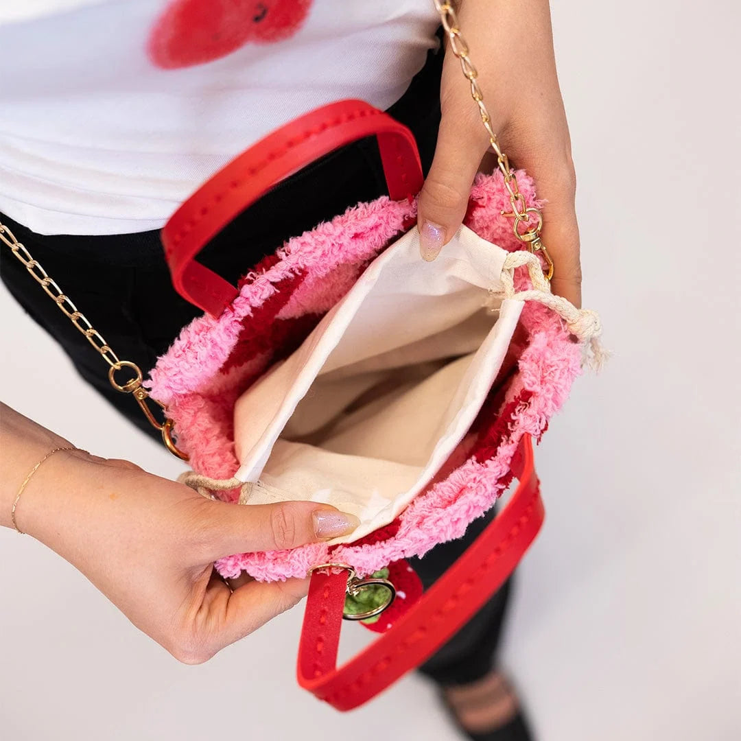 Woven Tote Bag Kit in Pink and Red for a Beginner Weaving Project, Finished with a Strawberry Keychain