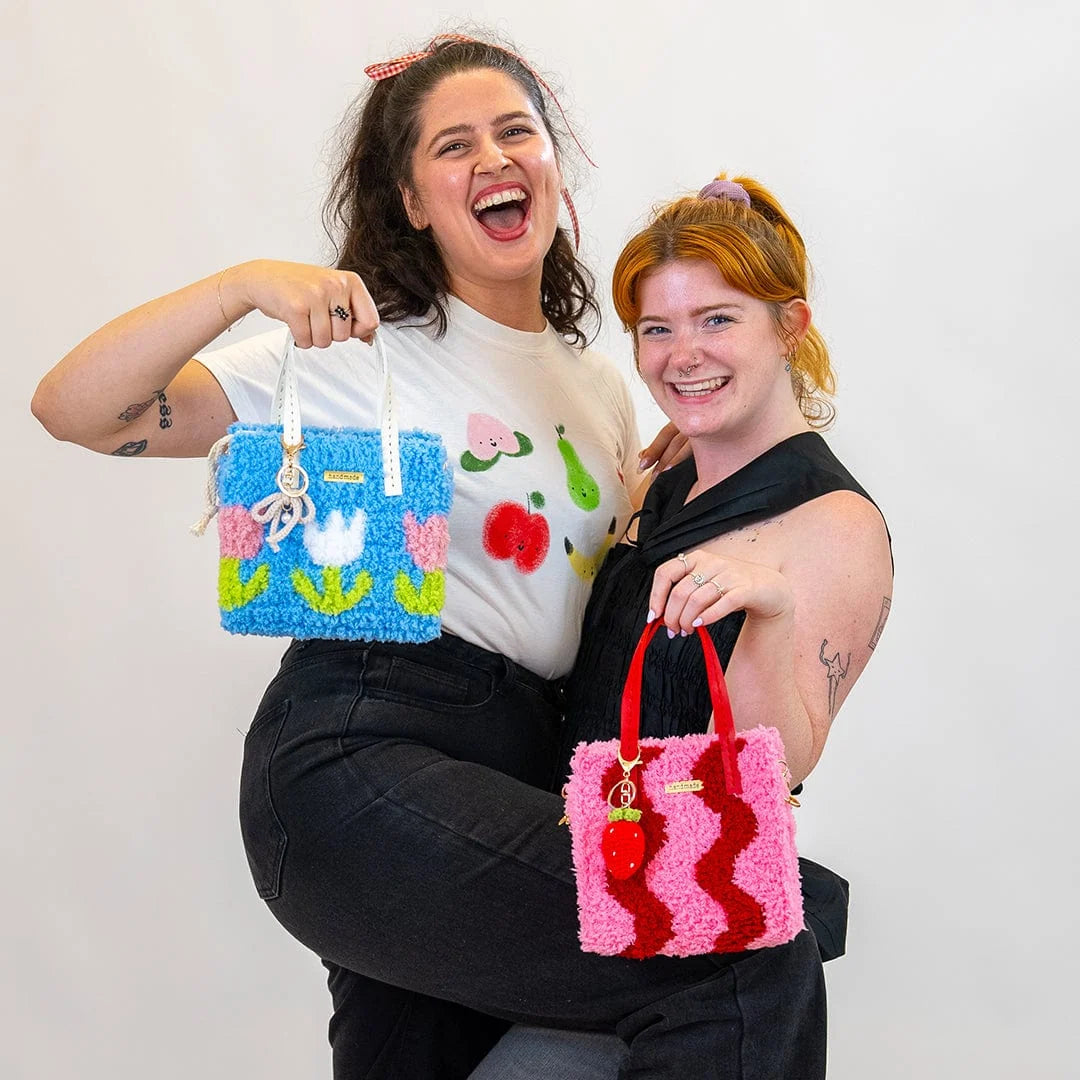Woven Tote Bag Kit in Pink and Red for a Beginner Weaving Project, Finished with a Strawberry Keychain
