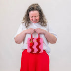 Woven Tote Bag Kit in Pink and Red for a Beginner Weaving Project, Finished with a Strawberry Keychain