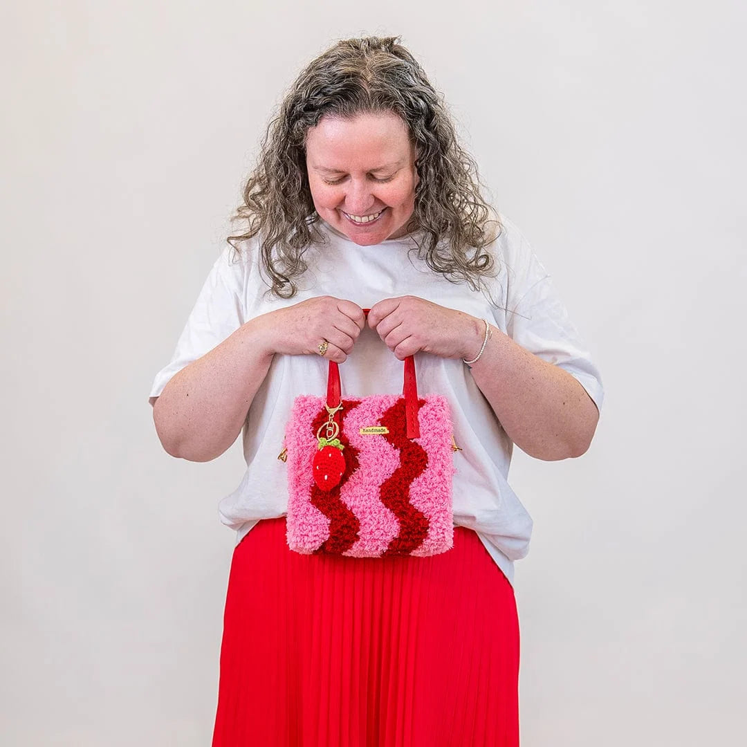Woven Tote Bag Kit in Pink and Red for a Beginner Weaving Project, Finished with a Strawberry Keychain