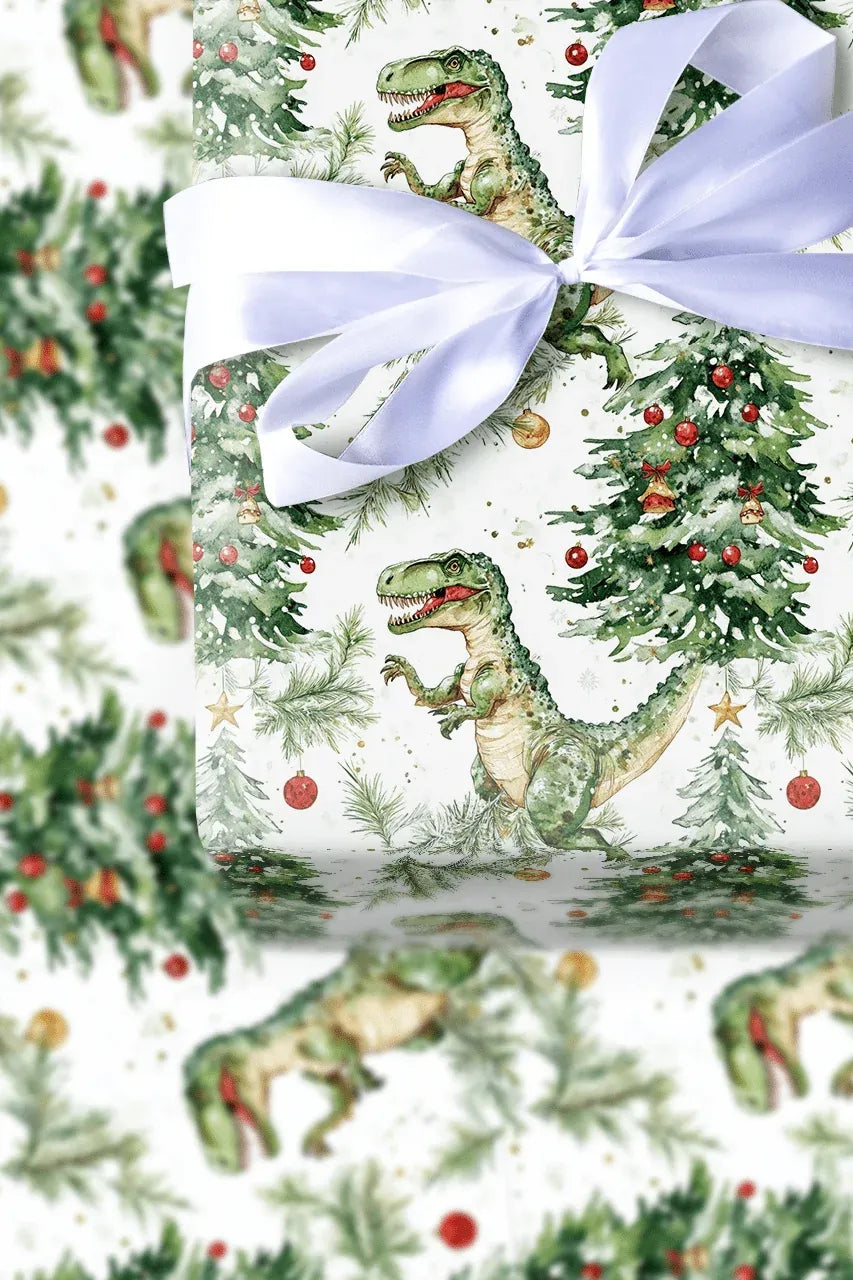 Wrapping Paper Roll with Dinosaur Tree Design, Glossy Finish, 30-Inch Wide Rolls in 72-Inch or 180-Inch Lengths