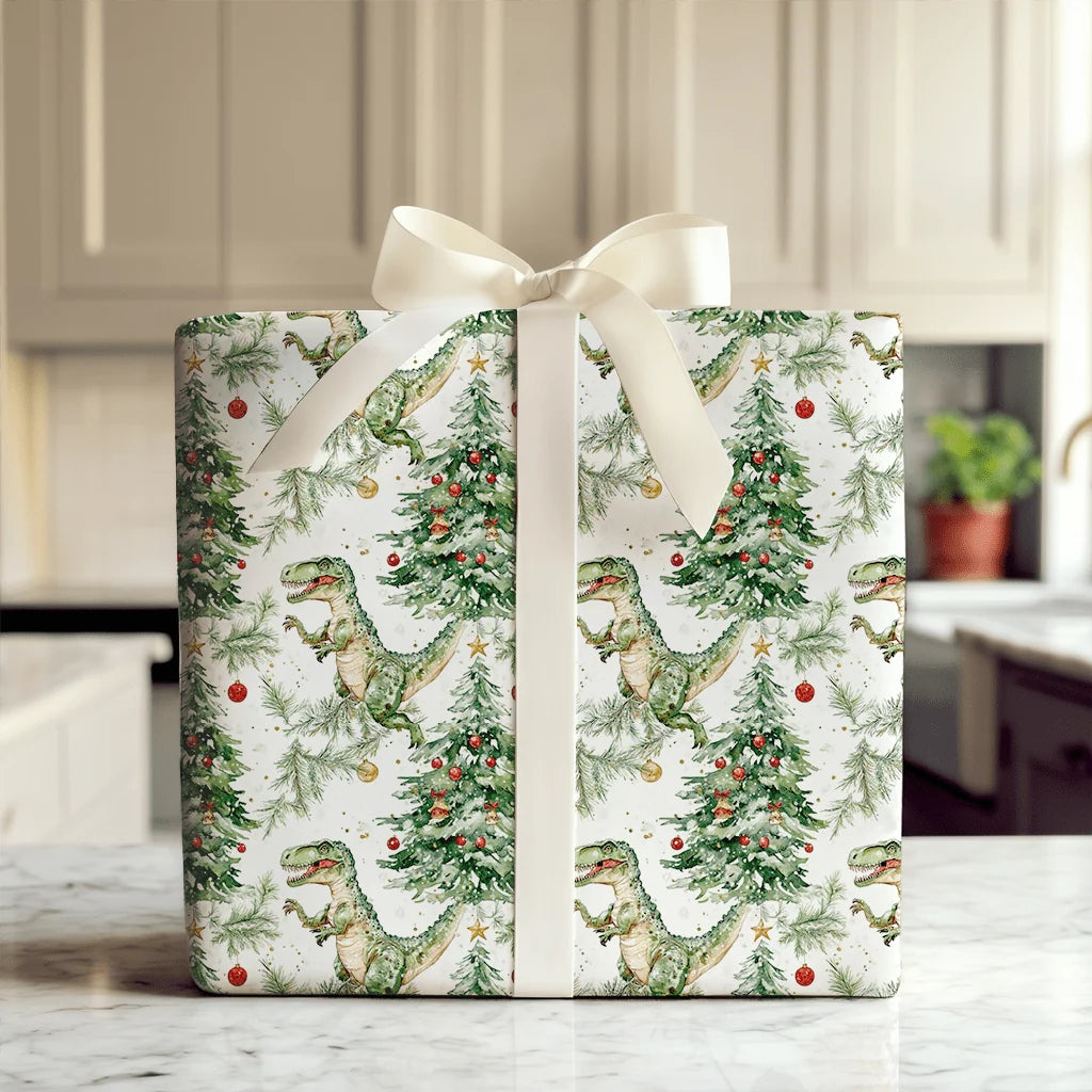 Wrapping Paper Roll with Dinosaur Tree Design, Glossy Finish, 30-Inch Wide Rolls in 72-Inch or 180-Inch Lengths