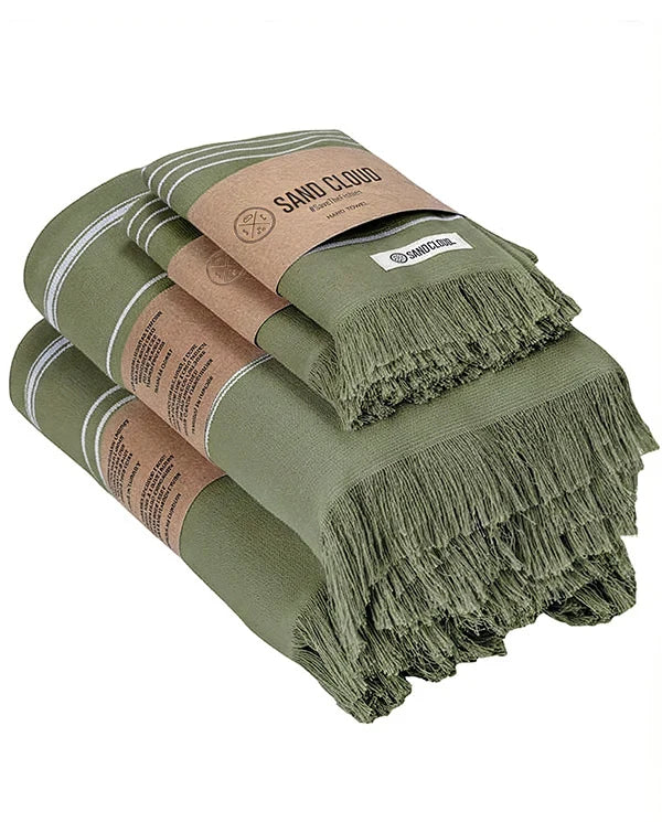 XL Bath Towel Set in Hedge Green, 2 Bath Towels and 2 Hand Towels with Fringe Edges · Hedge Green color