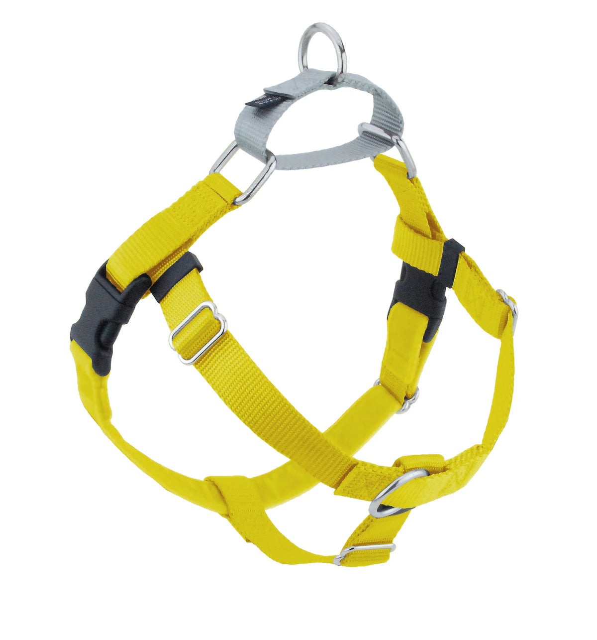 Yellow No-Pull Dog Harness with a Velvet-Lined Chest Strap and Front and Back Leash Attachment Points