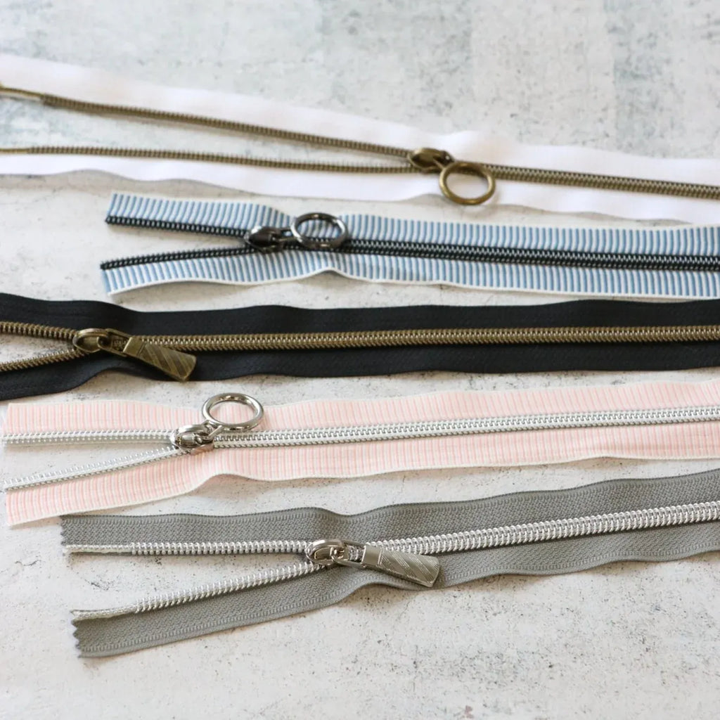 Zipper Bundle for Sewing and Bag Making in #5 Nylon Coil, Featuring Solid and Striped Color Combinations